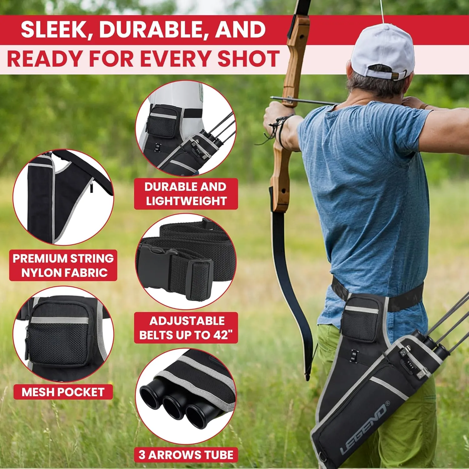 LEGEND First Archery Quiver Case for Arrows - Target Shooting Hip Quivers with Adjustable Belt & 3 Arrow Tubes - Durable Nylon Material with T-Slot & Storage Pockets for Accessories, Tools, Score Card