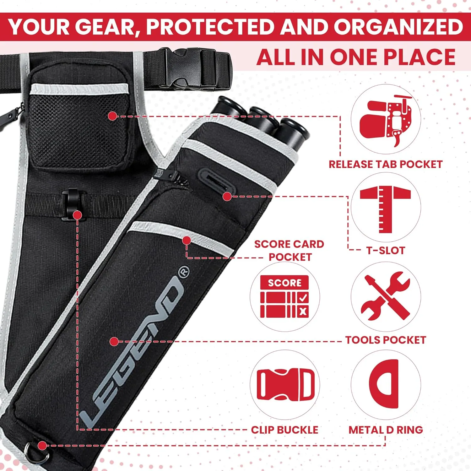 LEGEND First Archery Quiver Case for Arrows - Target Shooting Hip Quivers with Adjustable Belt & 3 Arrow Tubes - Durable Nylon Material with T-Slot & Storage Pockets for Accessories, Tools, Score Card