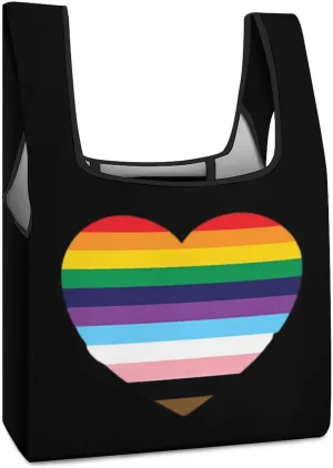 LGBT Rainbow Heart Novelty Reusable Grocery Bag Fold-able Shopping Bags Washable Tote Lightweight Storage Pouch with Handle