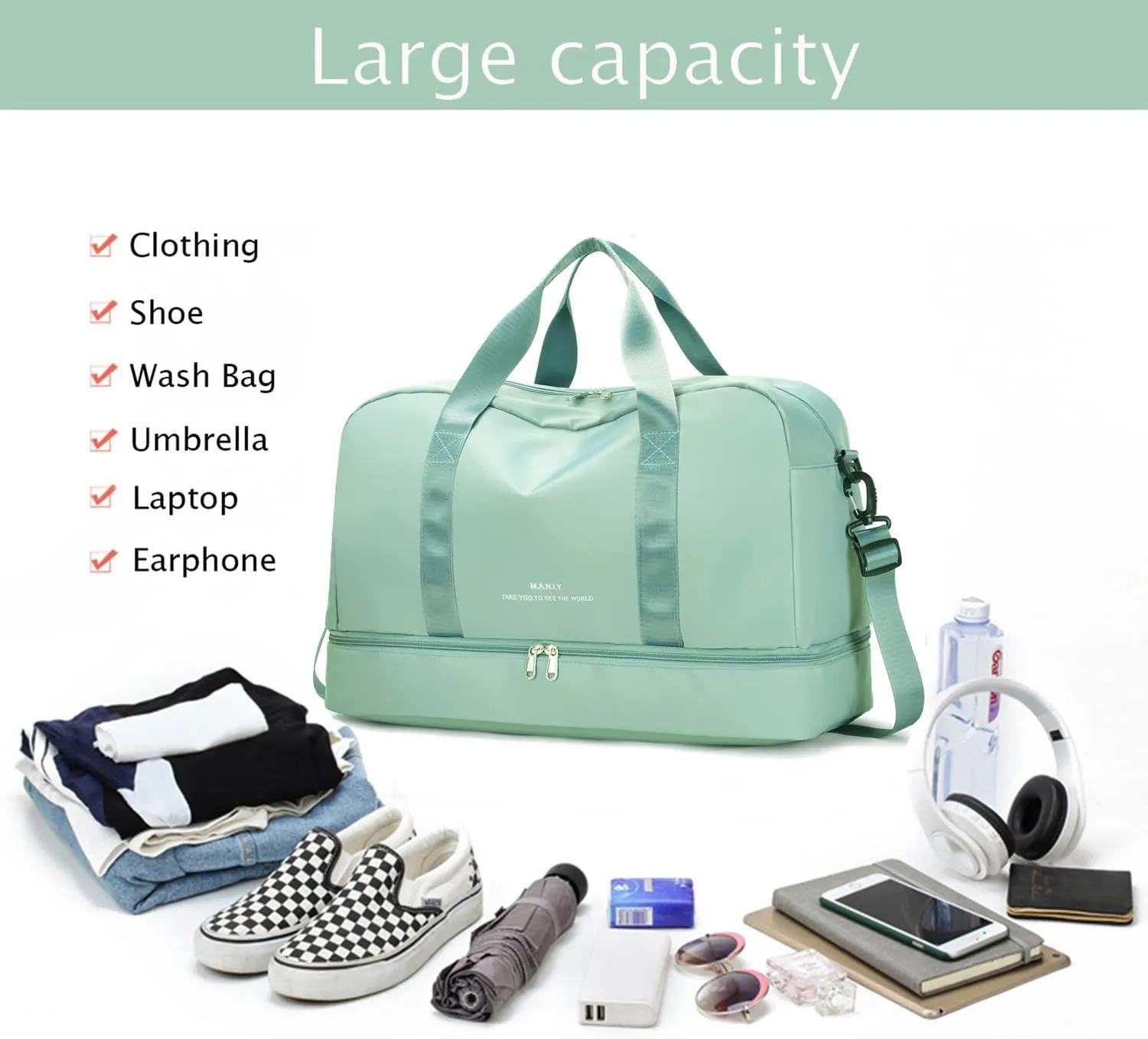 Light Gym Bag with Shoe Compartment, Large Capacity Sports Travel Duffle Bag with Wet Pocket for lady Weekender Overnight Aircraft Bag （Green）