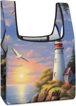 Lighthouse Beach Birds Novelty Reusable Grocery Bag Fold-able Shopping Bags Washable Tote Lightweight Storage Pouch with Handle