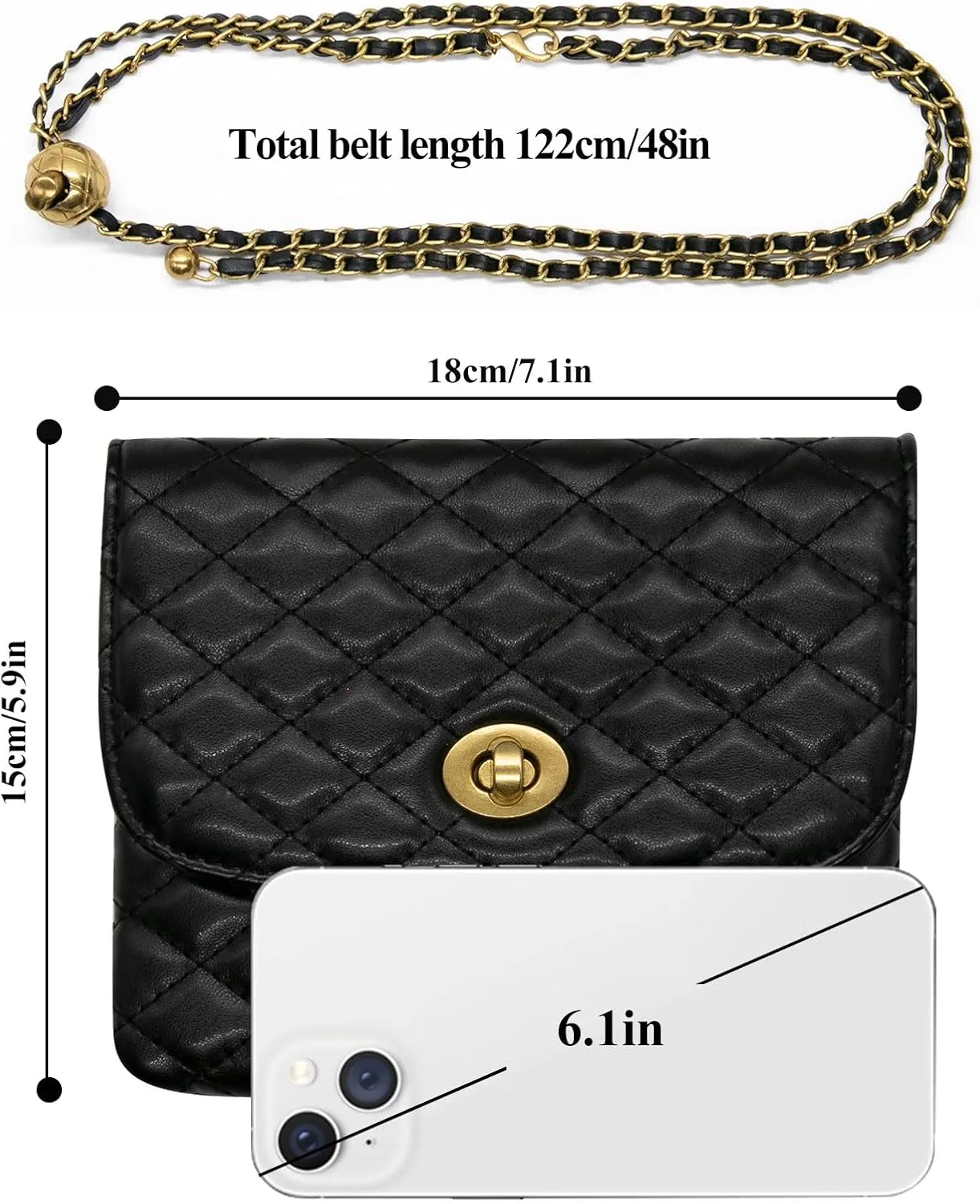 Long Keeper Leather Waist Bag - Women Mini Chain Belt Bag Travel Small Purse Fanny Pack Detachable Adjustable Belt (Medium Black(5.9 x 7.1 in))