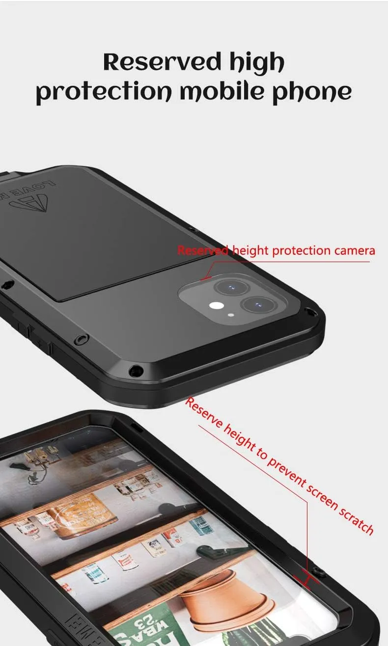Love MEI Compatible with iPhone 12 Case,Outdoor Sports Military Heavy Duty Metal Cover Waterproof Shockproof Dustproof Full Body Case with Built in Glass Tempered Screen Protector (Black)