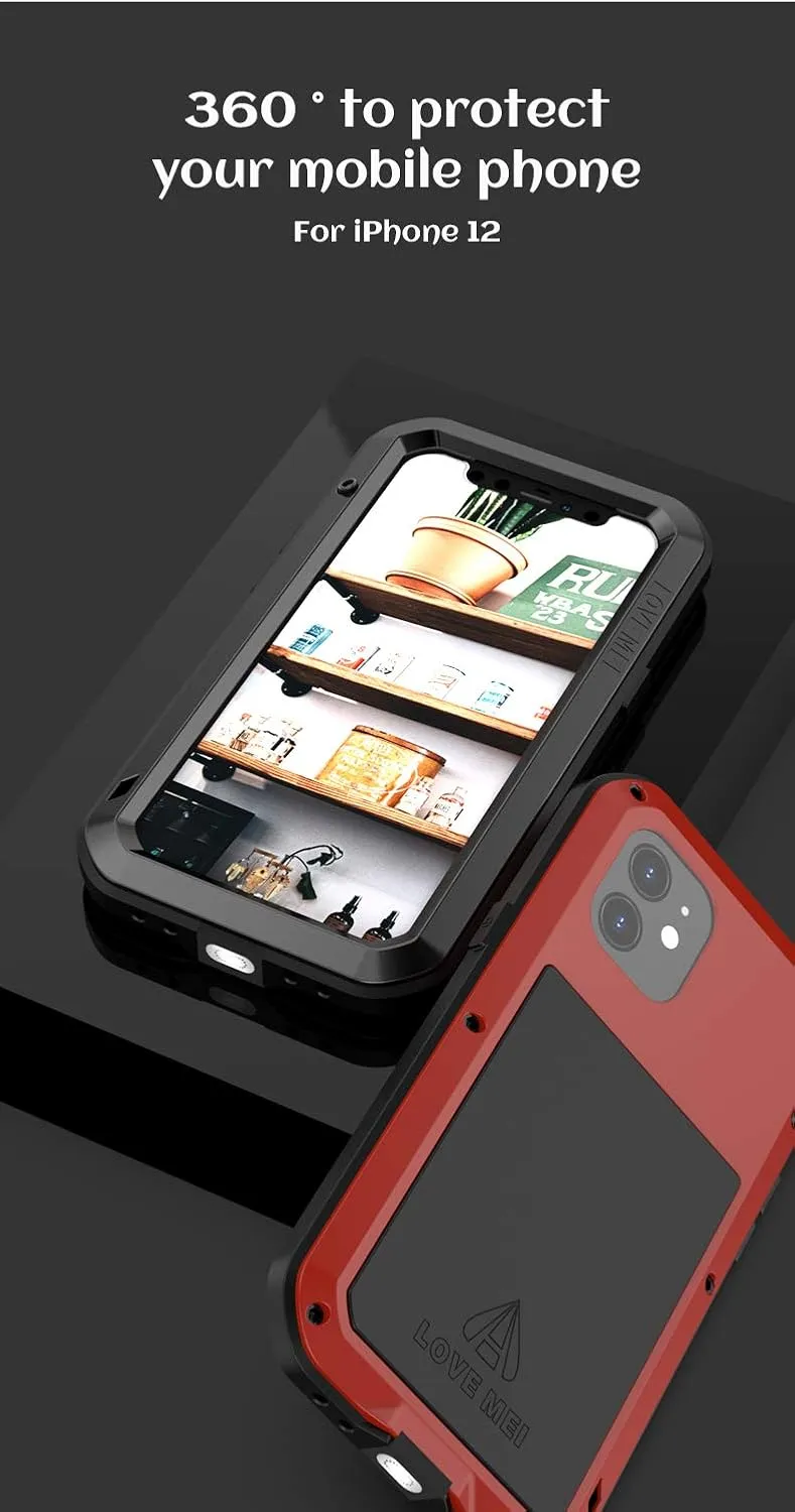 Love MEI Compatible with iPhone 12 Case,Outdoor Sports Military Heavy Duty Metal Cover Waterproof Shockproof Dustproof Full Body Case with Built in Glass Tempered Screen Protector (Black)