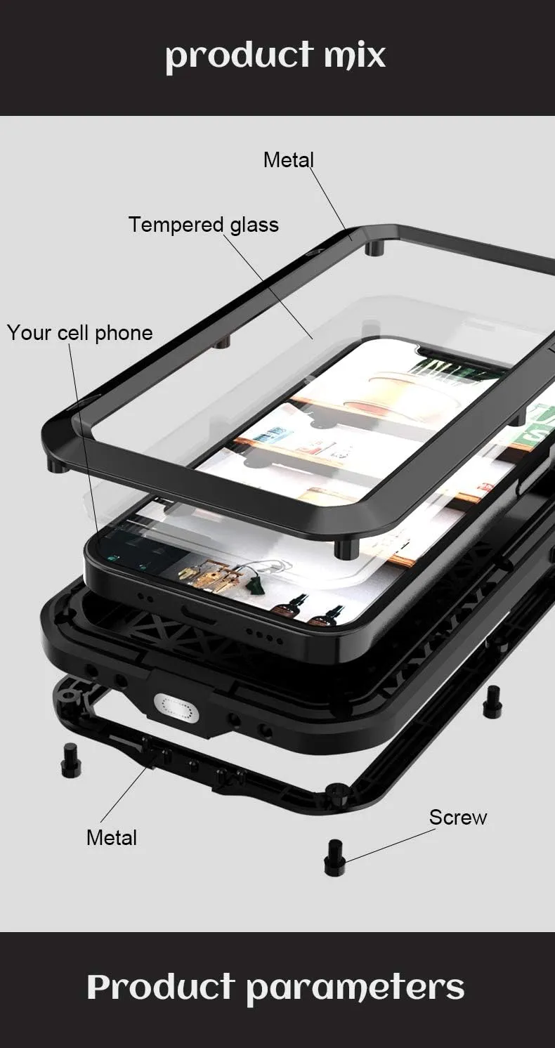 Love MEI Compatible with iPhone 12 Case,Outdoor Sports Military Heavy Duty Metal Cover Waterproof Shockproof Dustproof Full Body Case with Built in Glass Tempered Screen Protector (Black)