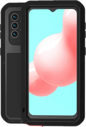 LOVE MEI Compatible with Samsung Galaxy A32 5G Case, Outdoor Sports Waterproof Military Heavy Duty Shockproof Dust/Dirt Proof Hybrid Aluminum Metal Silicone Tempered Glass Case Hard Cover (Black)