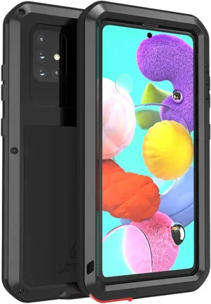 LOVE MEI Compatible with Samsung Galaxy A51 Case, Waterproof Military Heavy Duty Shockproof Dust/Dirt Proof Hybrid Aluminum Metal Silicone Tempered Glass Case Hard Cover (Black)