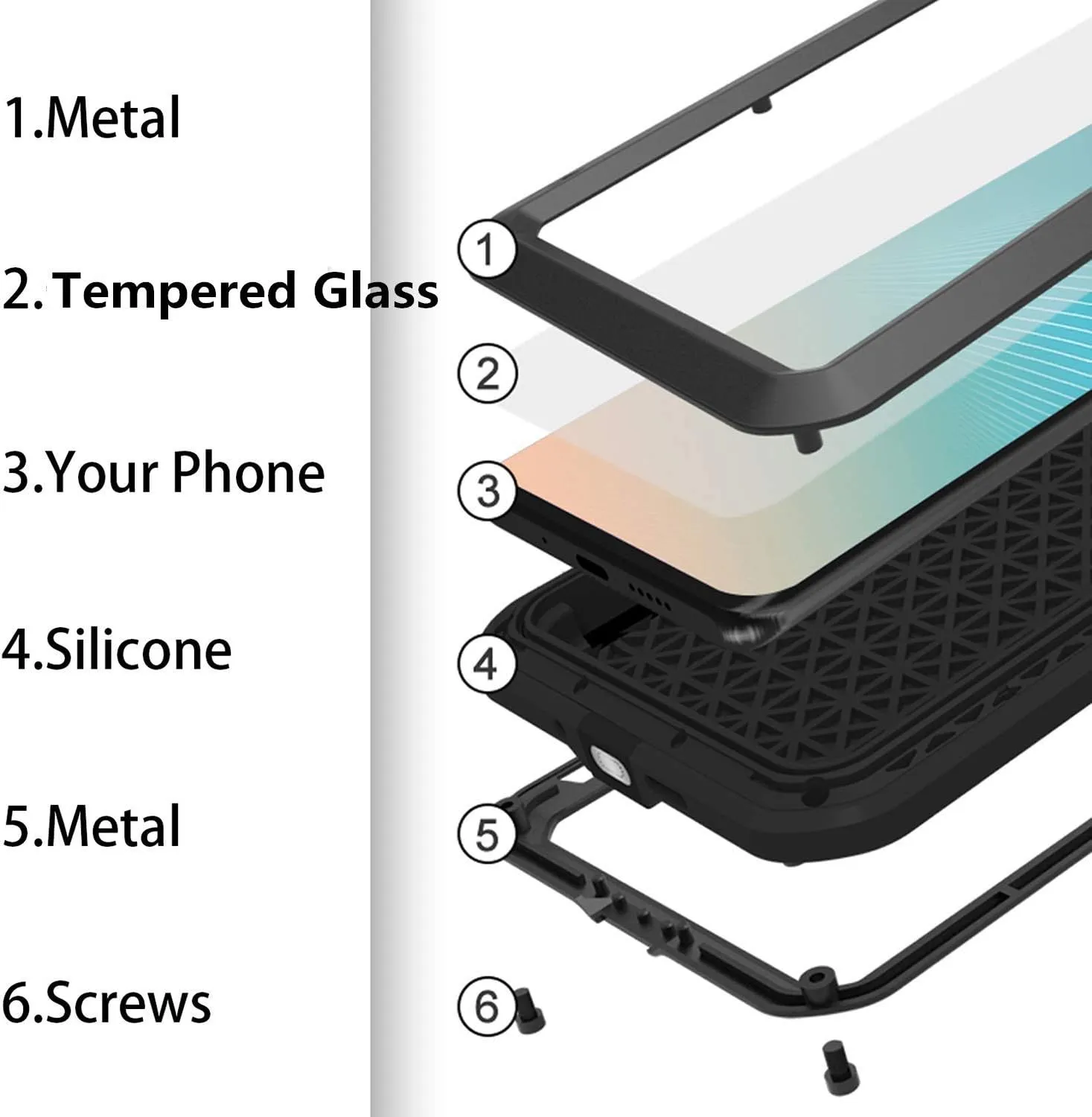 LOVE MEI Compatible with Samsung Galaxy A51 Case, Waterproof Military Heavy Duty Shockproof Dust/Dirt Proof Hybrid Aluminum Metal Silicone Tempered Glass Case Hard Cover (Black)