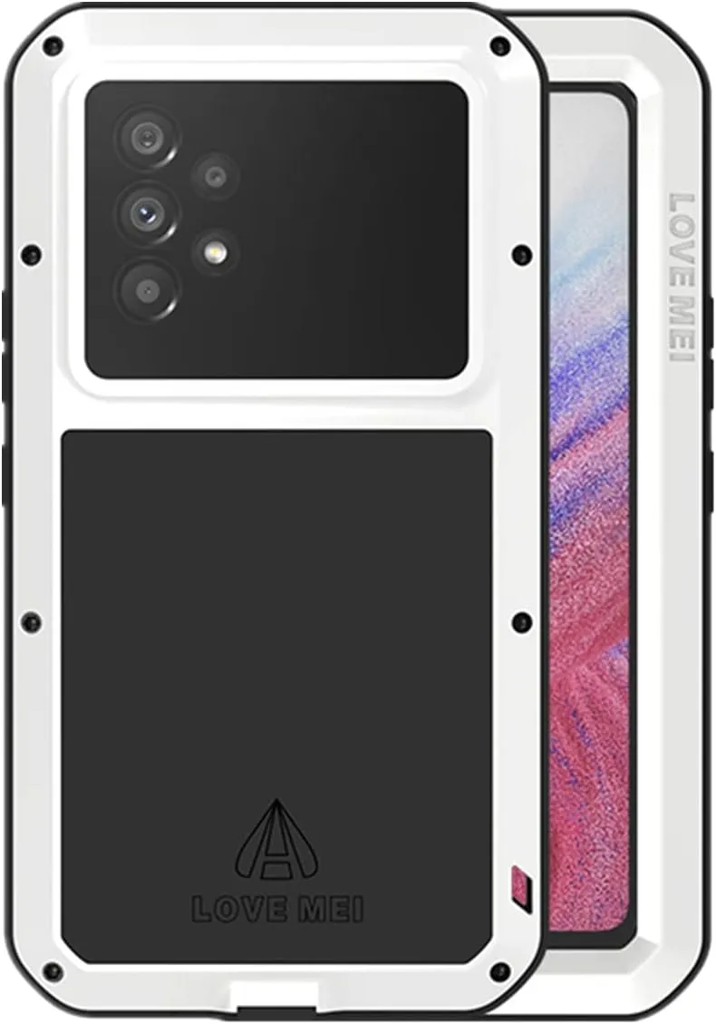 LOVE MEI Compatible with Samsung Galaxy A53 5G Case, Outdoor Sports Waterproof Military Heavy Duty Shockproof Dust/Dirt Proof Hybrid Aluminum Metal Silicone Tempered Glass Case Hard Cover (White)