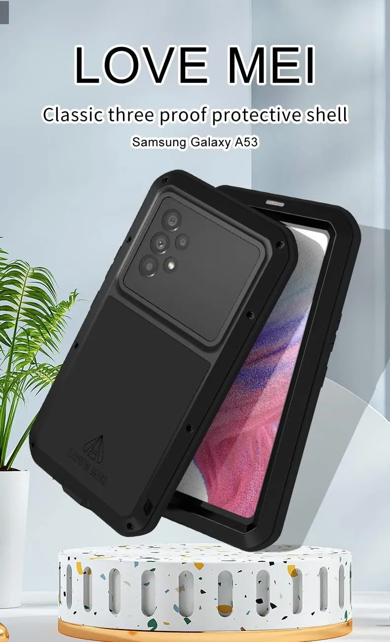 LOVE MEI Compatible with Samsung Galaxy A53 5G Case, Outdoor Sports Waterproof Military Heavy Duty Shockproof Dust/Dirt Proof Hybrid Aluminum Metal Silicone Tempered Glass Case Hard Cover (White)
