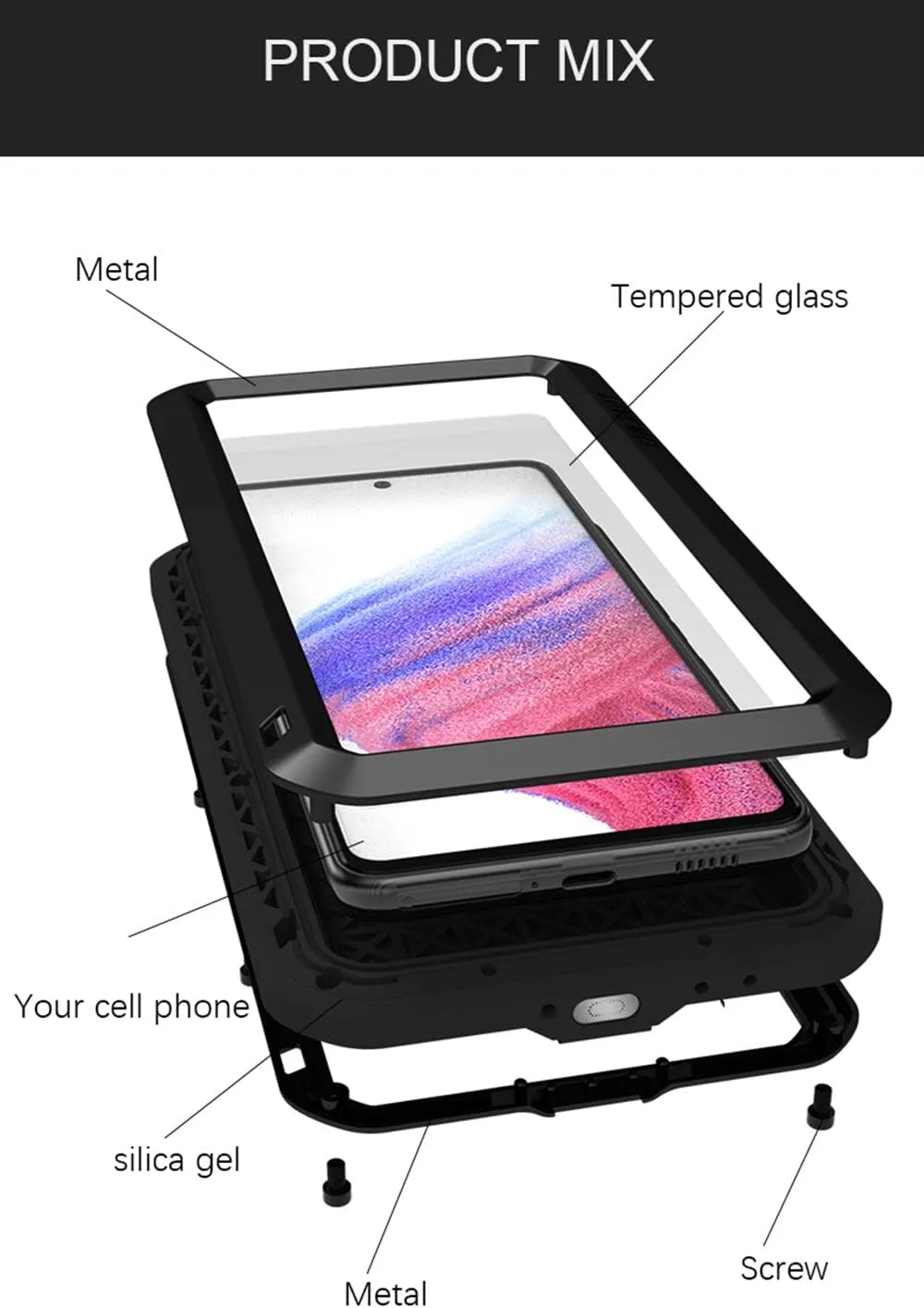LOVE MEI Compatible with Samsung Galaxy A53 5G Case, Outdoor Sports Waterproof Military Heavy Duty Shockproof Dust/Dirt Proof Hybrid Aluminum Metal Silicone Tempered Glass Case Hard Cover (White)