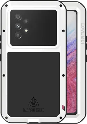 LOVE MEI Compatible with Samsung Galaxy A53 5G Case, Outdoor Sports Waterproof Military Heavy Duty Shockproof Dust/Dirt Proof Hybrid Aluminum Metal Silicone Tempered Glass Case Hard Cover (White)
