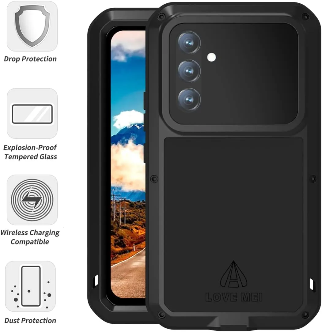 LOVE MEI Compatible with Samsung Galaxy A54 Case, Outdoor Sports Waterproof Military Heavy Duty Shockproof Dustproof Hybrid Aluminum Metal Silicone Tempered Glass Case Hard Cover (Black)