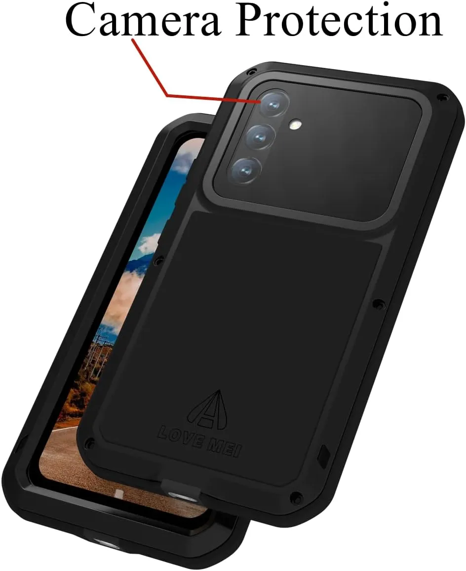 LOVE MEI Compatible with Samsung Galaxy A54 Case, Outdoor Sports Waterproof Military Heavy Duty Shockproof Dustproof Hybrid Aluminum Metal Silicone Tempered Glass Case Hard Cover (Black)