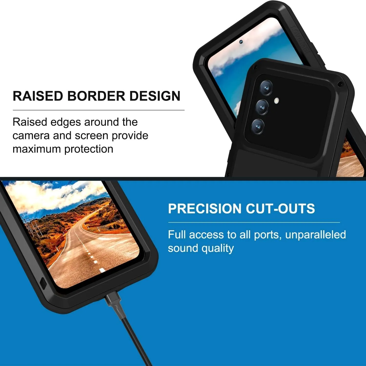 LOVE MEI Compatible with Samsung Galaxy A54 Case, Outdoor Sports Waterproof Military Heavy Duty Shockproof Dustproof Hybrid Aluminum Metal Silicone Tempered Glass Case Hard Cover (Black)