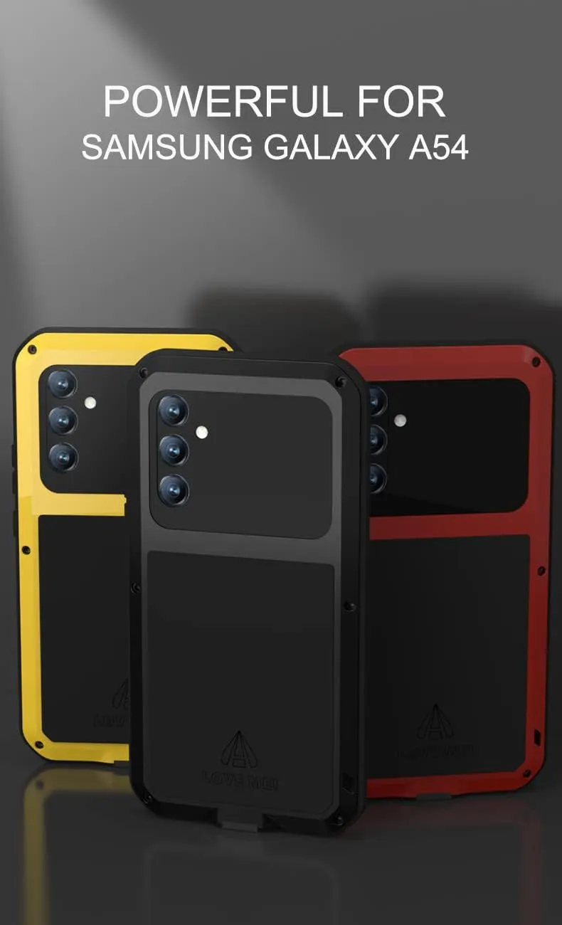 LOVE MEI Compatible with Samsung Galaxy A54 Case, Outdoor Sports Waterproof Military Heavy Duty Shockproof Dustproof Hybrid Aluminum Metal Silicone Tempered Glass Case Hard Cover (Black)