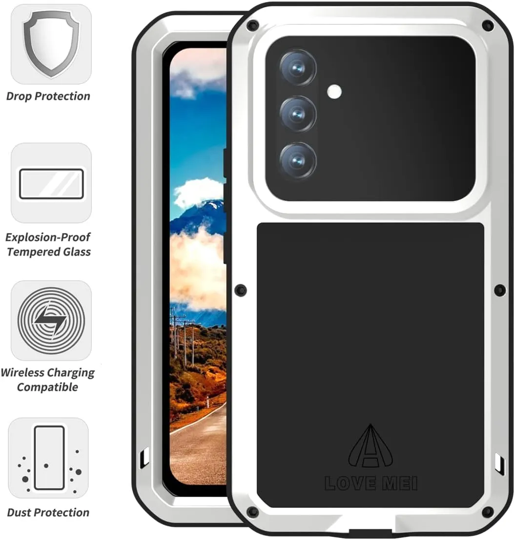 LOVE MEI Compatible with Samsung Galaxy A54 Case, Outdoor Sports Waterproof Military Heavy Duty Shockproof Dustproof Hybrid Aluminum Metal Silicone Tempered Glass Case Hard Cover (Silver)
