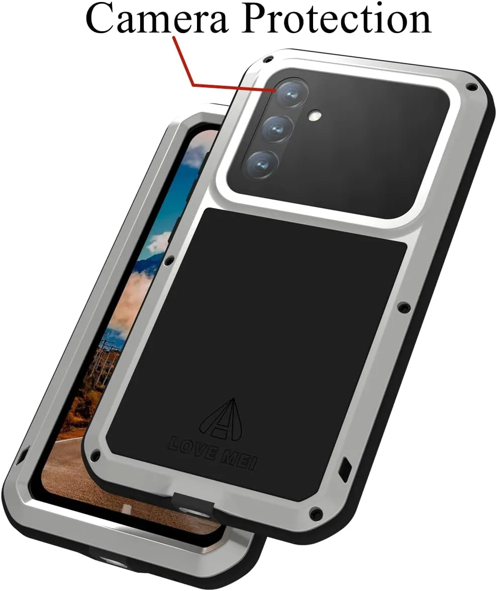 LOVE MEI Compatible with Samsung Galaxy A54 Case, Outdoor Sports Waterproof Military Heavy Duty Shockproof Dustproof Hybrid Aluminum Metal Silicone Tempered Glass Case Hard Cover (Silver)
