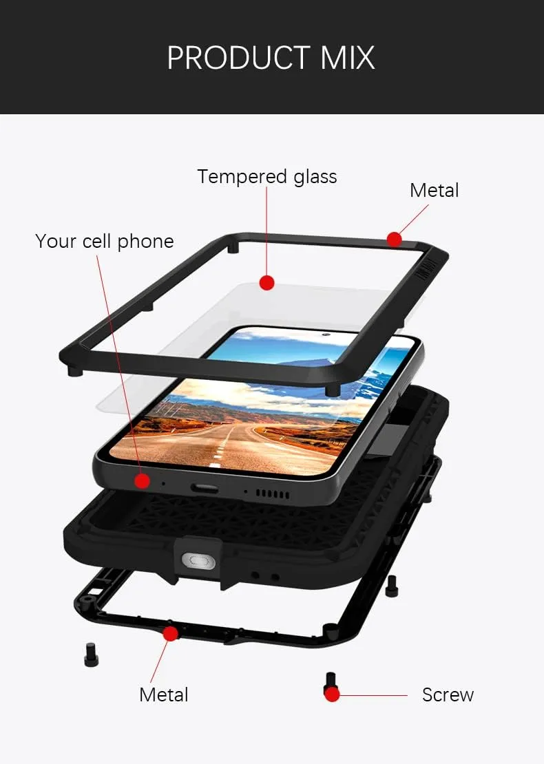 LOVE MEI Compatible with Samsung Galaxy A54 Case, Outdoor Sports Waterproof Military Heavy Duty Shockproof Dustproof Hybrid Aluminum Metal Silicone Tempered Glass Case Hard Cover (Silver)