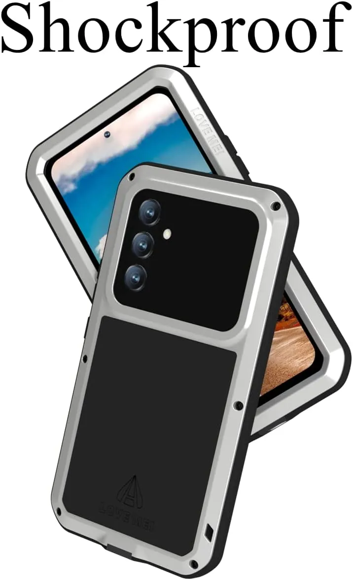 LOVE MEI Compatible with Samsung Galaxy A54 Case, Outdoor Sports Waterproof Military Heavy Duty Shockproof Dustproof Hybrid Aluminum Metal Silicone Tempered Glass Case Hard Cover (Silver)