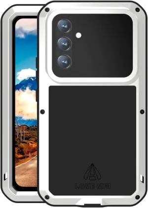 LOVE MEI Compatible with Samsung Galaxy A54 Case, Outdoor Sports Waterproof Military Heavy Duty Shockproof Dustproof Hybrid Aluminum Metal Silicone Tempered Glass Case Hard Cover (Silver)
