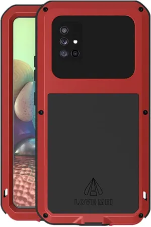 LOVE MEI Compatible with Samsung Galaxy A71 5G Case, Waterproof Military Heavy Duty Shockproof Dust/Dirt Proof Hybrid Aluminum Metal Silicone Tempered Glass Case Hard Cover (Red)