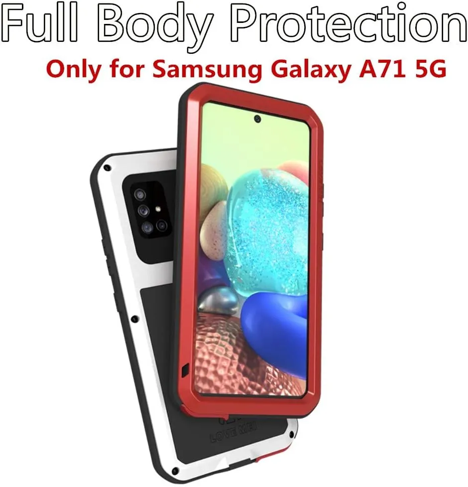 LOVE MEI Compatible with Samsung Galaxy A71 5G Case, Waterproof Military Heavy Duty Shockproof Dust/Dirt Proof Hybrid Aluminum Metal Silicone Tempered Glass Case Hard Cover (Red)
