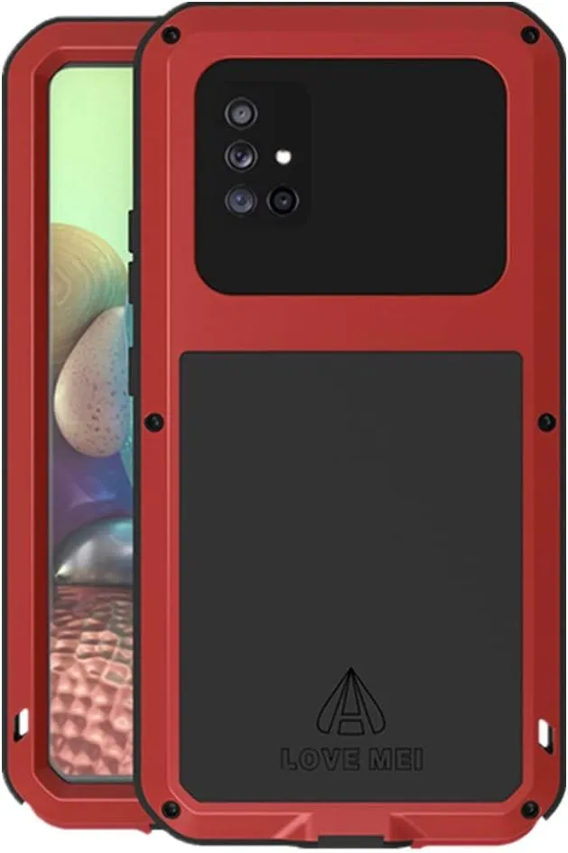 LOVE MEI Compatible with Samsung Galaxy A71 5G Case, Waterproof Military Heavy Duty Shockproof Dust/Dirt Proof Hybrid Aluminum Metal Silicone Tempered Glass Case Hard Cover (Red)