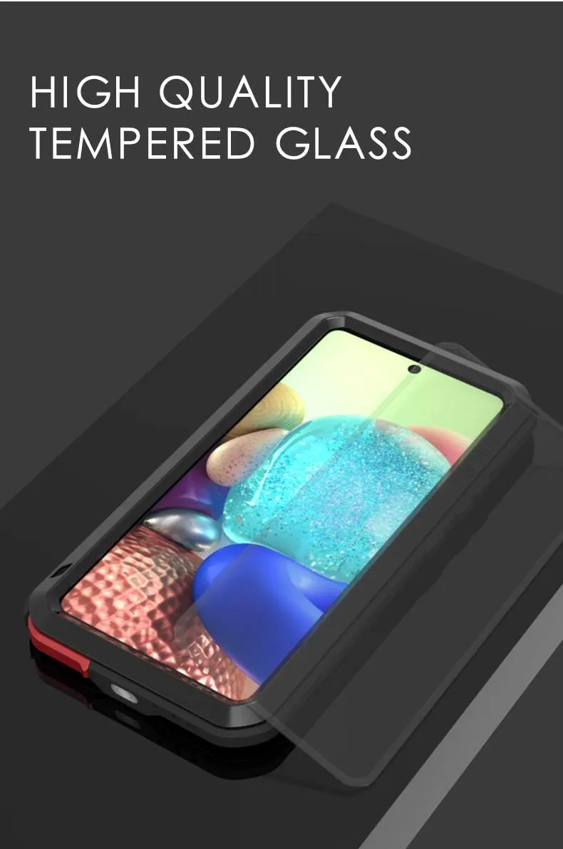 LOVE MEI Compatible with Samsung Galaxy A71 5G Case, Waterproof Military Heavy Duty Shockproof Dust/Dirt Proof Hybrid Aluminum Metal Silicone Tempered Glass Case Hard Cover (Red)