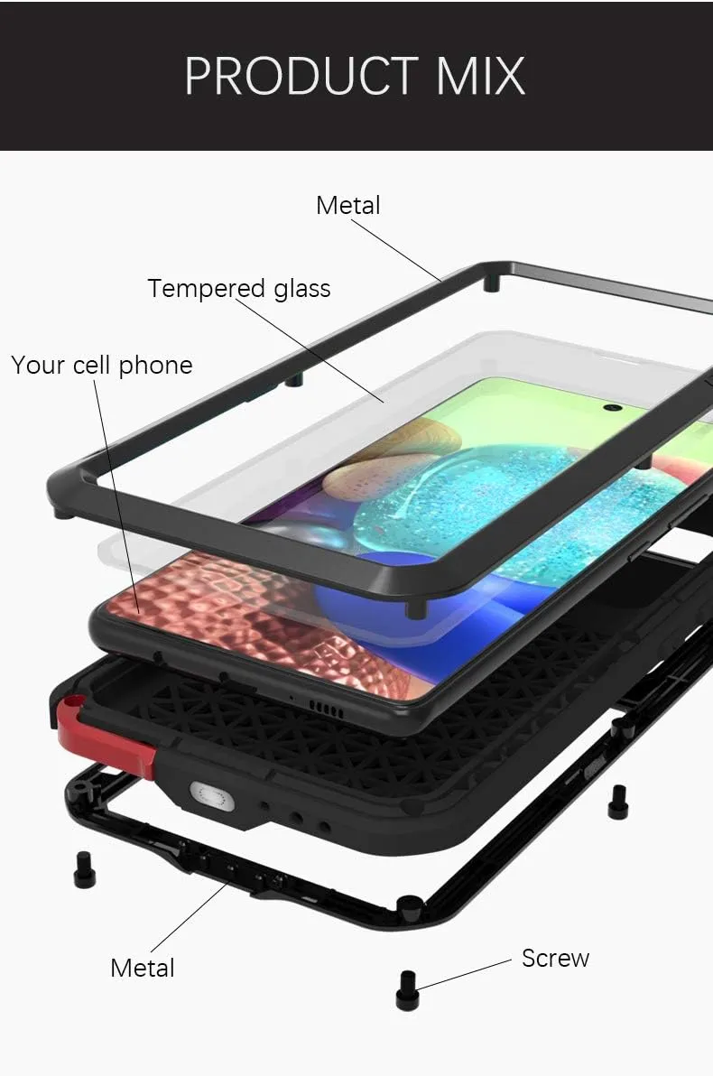 LOVE MEI Compatible with Samsung Galaxy A71 5G Case, Waterproof Military Heavy Duty Shockproof Dust/Dirt Proof Hybrid Aluminum Metal Silicone Tempered Glass Case Hard Cover (Silver)