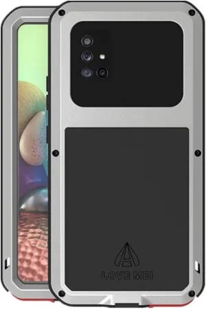 LOVE MEI Compatible with Samsung Galaxy A71 5G Case, Waterproof Military Heavy Duty Shockproof Dust/Dirt Proof Hybrid Aluminum Metal Silicone Tempered Glass Case Hard Cover (Silver)