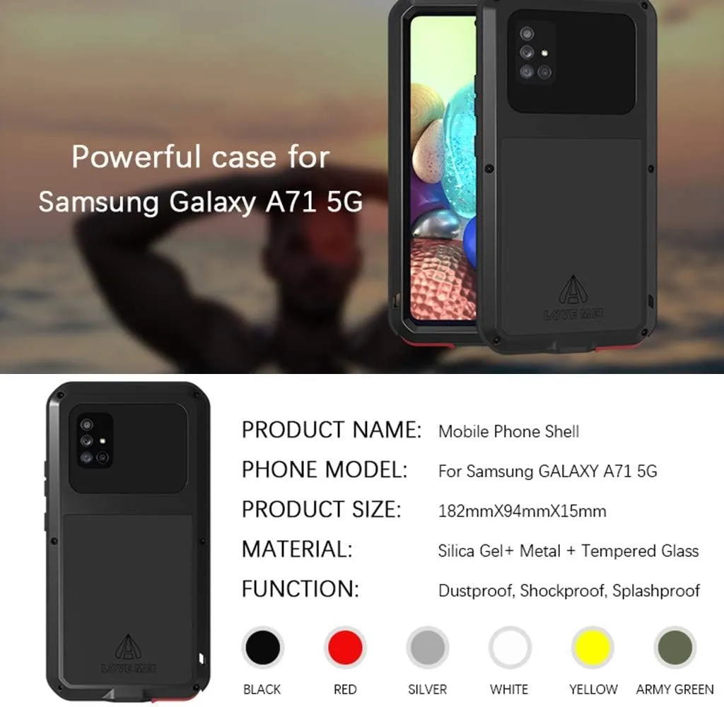 LOVE MEI Compatible with Samsung Galaxy A71 5G Case, Waterproof Military Heavy Duty Shockproof Dust/Dirt Proof Hybrid Aluminum Metal Silicone Tempered Glass Case Hard Cover (Silver)