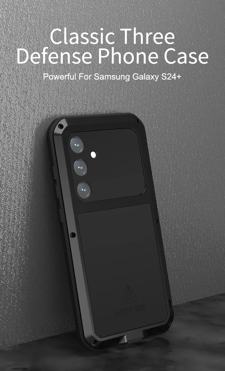 LOVE MEI for Samsung Galaxy S24 /S24 Plus Case, Outdoor Heavy Duty Rugged Full Body Protection Case Military Bumper Aluminum Metal Shockproof Cover with Tempered Glass for Galaxy S24 Plus (Black)