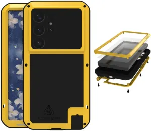 LOVE MEI for Samsung Galaxy S25 Ultra Case,Outdoor Sports Military Heavy Duty Metal Shockproof Dustproof Full Body Case with Built in Tempered Glass Screen Protector (Yellow, S25 Ultra)