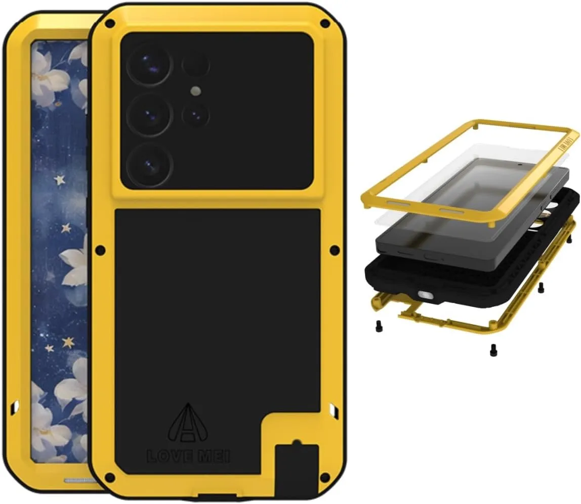 LOVE MEI for Samsung Galaxy S25 Ultra Case,Outdoor Sports Military Heavy Duty Metal Shockproof Dustproof Full Body Case with Built in Tempered Glass Screen Protector (Yellow, S25 Ultra)