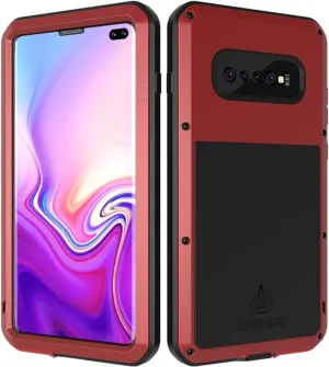 LOVE MEI Galaxy S10 Plus Case, [with Built in Glass Screen Protector] Full Body Sturdy Hard Cover Heavy Duty Shockproof Dustproof Metal Silicone Case for Samsung Galaxy S10 Plus/Red