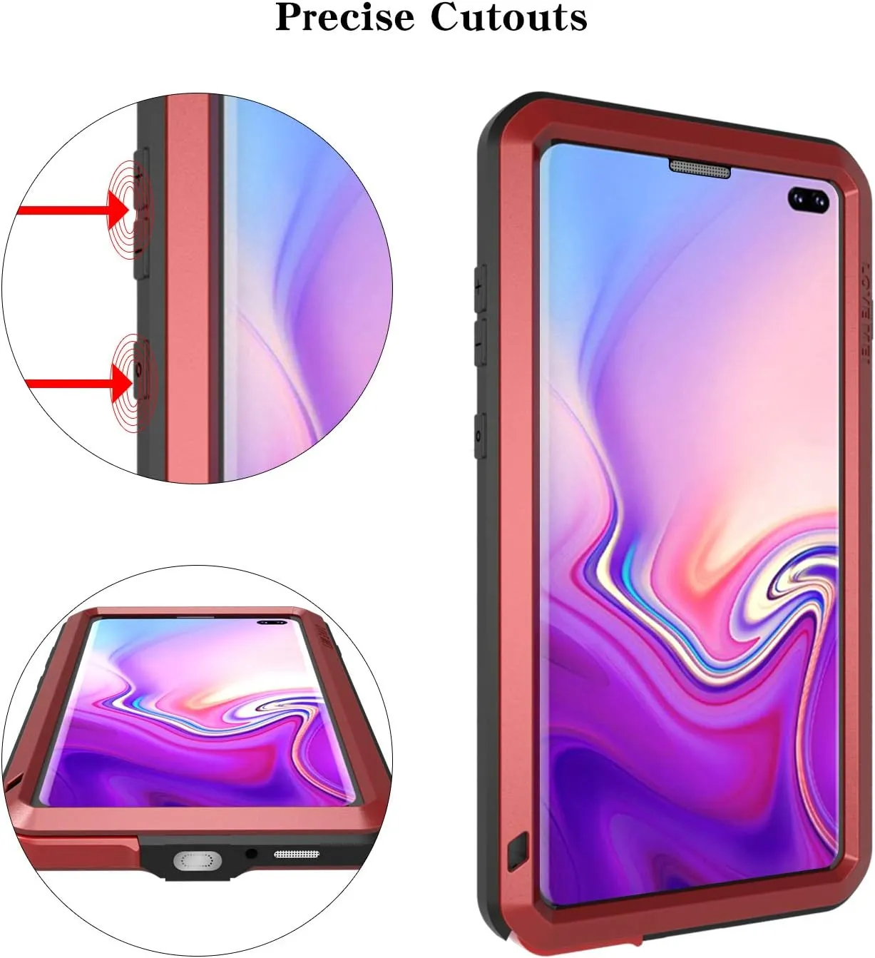 LOVE MEI Galaxy S10 Plus Case, [with Built in Glass Screen Protector] Full Body Sturdy Hard Cover Heavy Duty Shockproof Dustproof Metal Silicone Case for Samsung Galaxy S10 Plus/Red