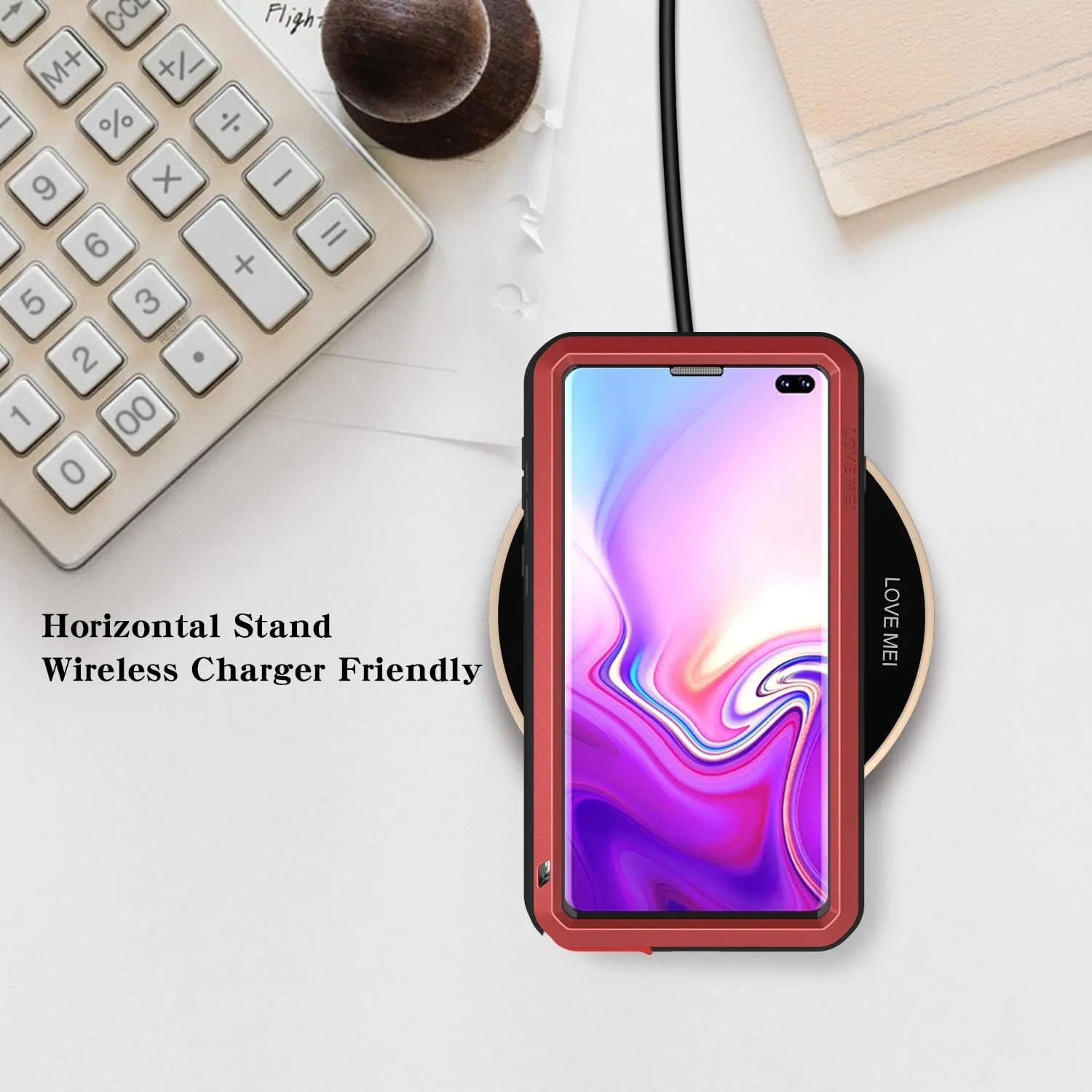 LOVE MEI Galaxy S10 Plus Case, [with Built in Glass Screen Protector] Full Body Sturdy Hard Cover Heavy Duty Shockproof Dustproof Metal Silicone Case for Samsung Galaxy S10 Plus/Red