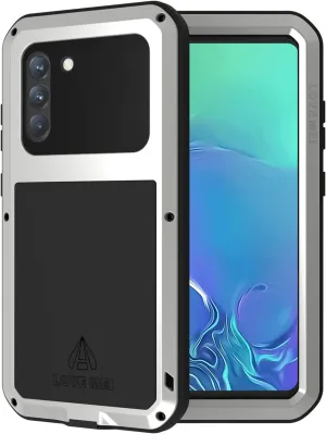 LOVE MEI Military Rugged Case for Samsung Galaxy S21 Fe, with Tempered Glass Screen Protector, Shockproof Dustproof Scratch Proof Hybrid Metal and Silicone Gel Heavy Duty Full Body Cover Silver