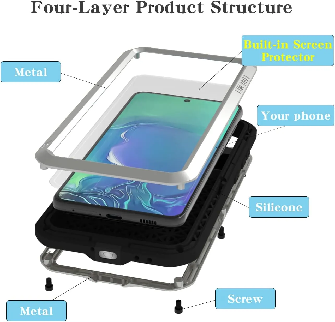 LOVE MEI Military Rugged Case for Samsung Galaxy S21 Fe, with Tempered Glass Screen Protector, Shockproof Dustproof Scratch Proof Hybrid Metal and Silicone Gel Heavy Duty Full Body Cover Silver