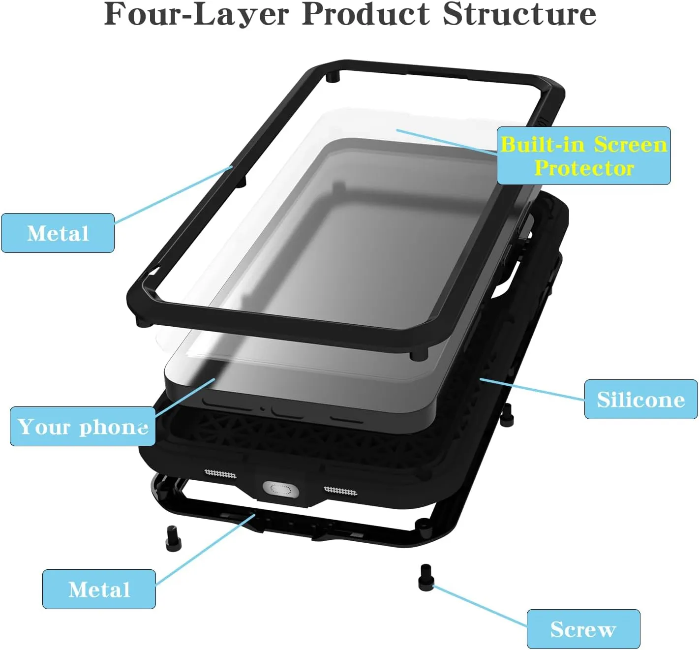 LOVE MEI Military Rugged Case for Samsung Galaxy S24 Plus, with Tempered Glass Screen Protector, Shockproof Dustproof Scratch Proof Hybrid Metal and Silicone Gel Heavy Duty Full Body Cover Black