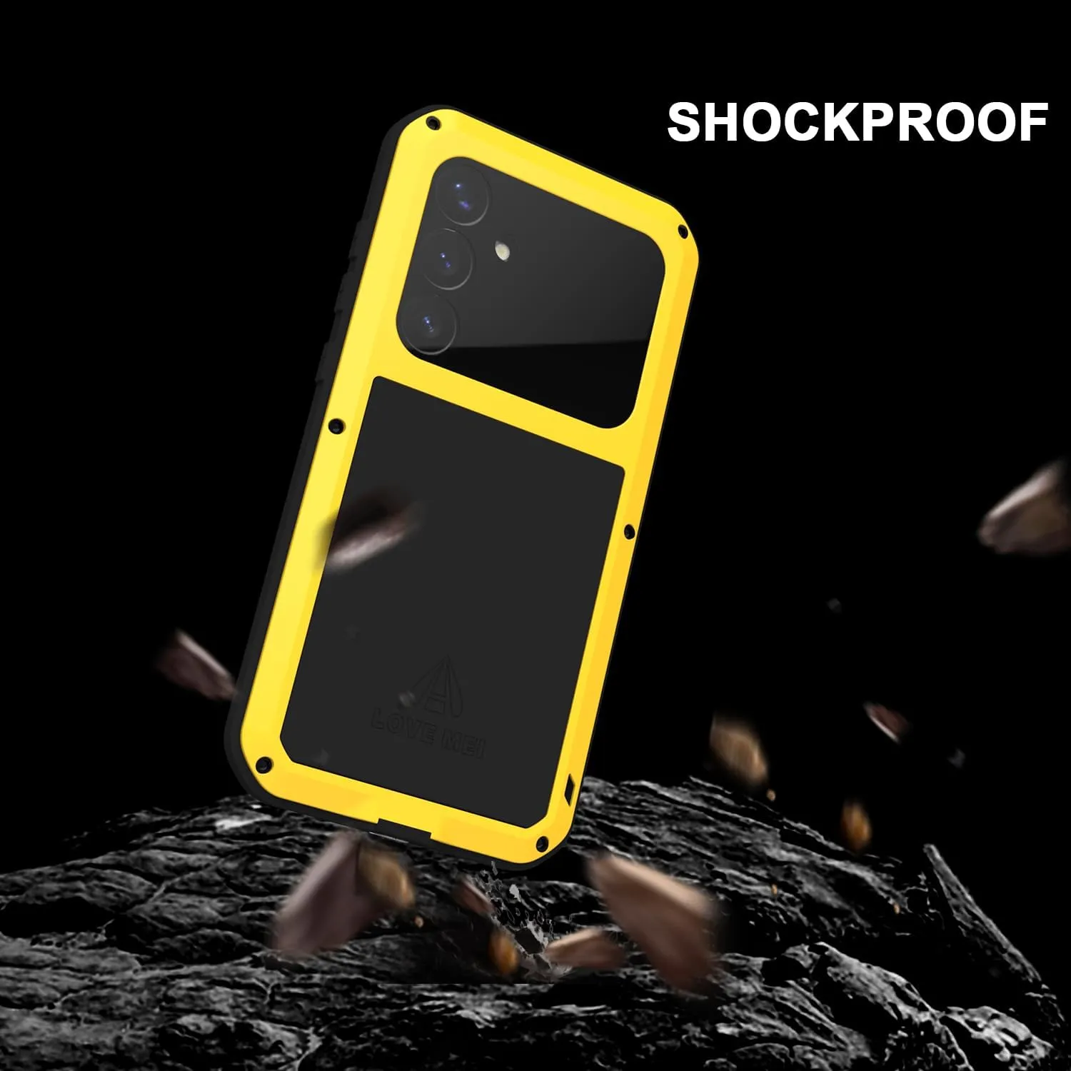 LOVE MEI Military Rugged Case for Samsung Galaxy S25 Plus, with Tempered Glass Screen Protector, Shockproof Dustproof Scratch Proof Hybrid Metal and Silicone Gel Heavy Duty Full Body Cover Yellow