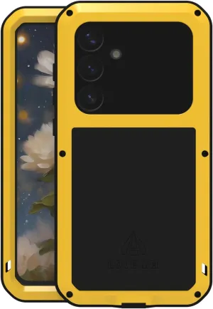 LOVE MEI Military Rugged Case for Samsung Galaxy S25 Plus, with Tempered Glass Screen Protector, Shockproof Dustproof Scratch Proof Hybrid Metal and Silicone Gel Heavy Duty Full Body Cover Yellow