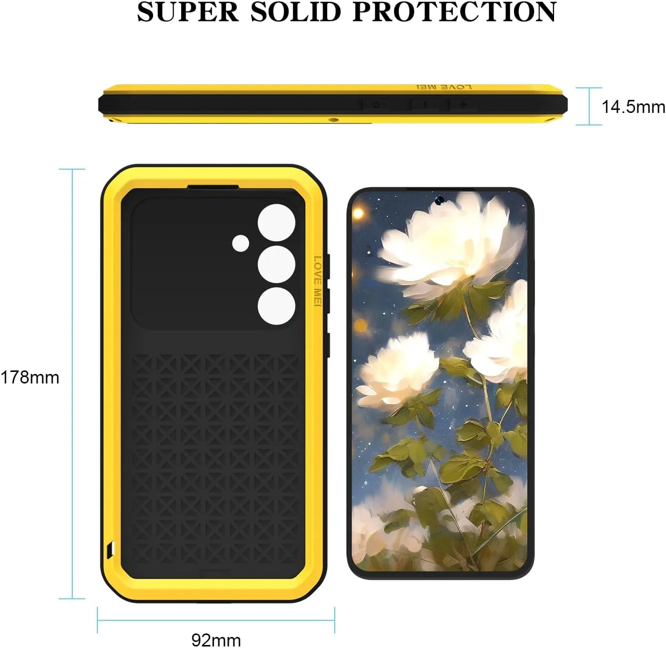 LOVE MEI Military Rugged Case for Samsung Galaxy S25 Plus, with Tempered Glass Screen Protector, Shockproof Dustproof Scratch Proof Hybrid Metal and Silicone Gel Heavy Duty Full Body Cover Yellow
