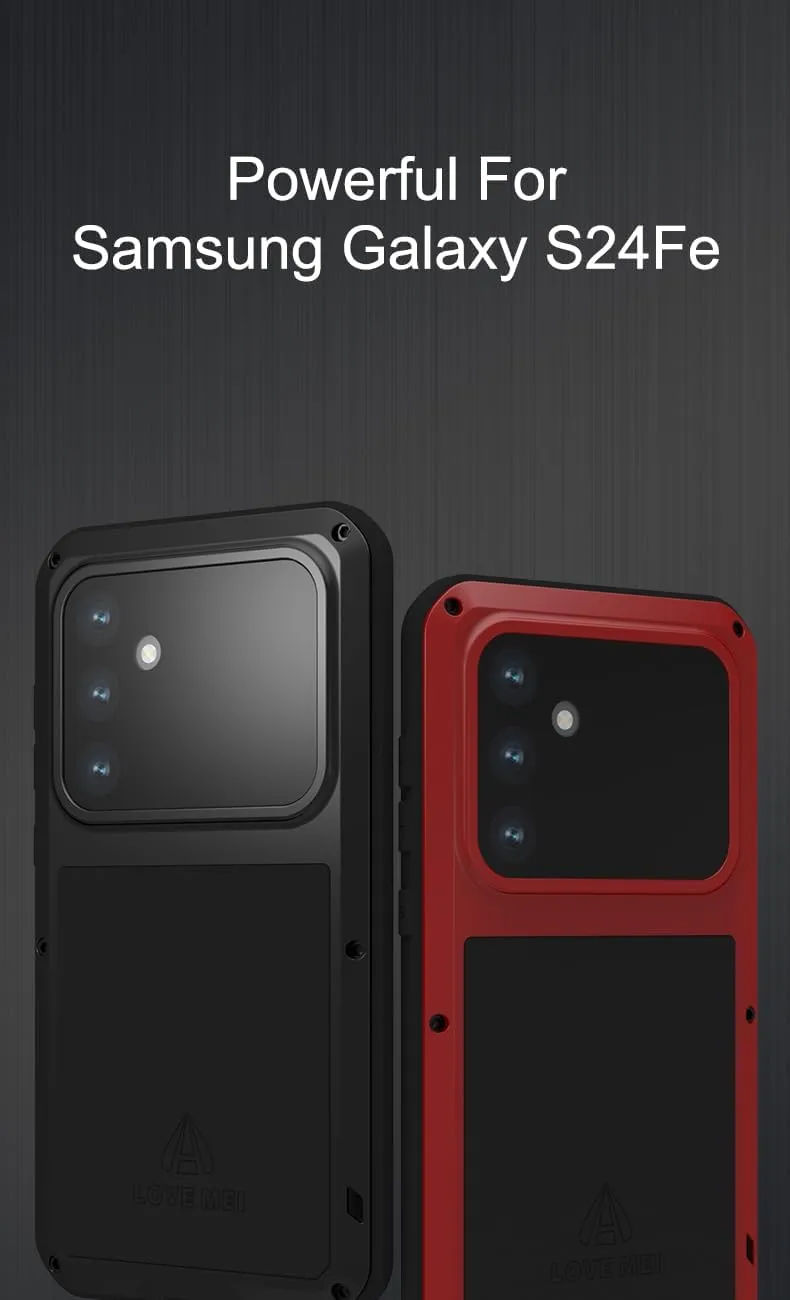 LOVE MEI Samsung Galaxy S24 FE Case, Heavy Duty Rugged Full Body Protection Military Armor Bumper Aluminum Metal Dust/Shockproof Case with Tempered Glass (Black)