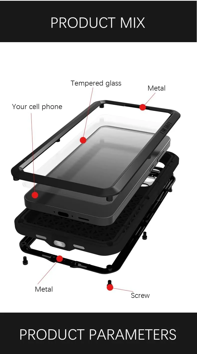 LOVE MEI Samsung Galaxy S24 FE Case, Heavy Duty Rugged Full Body Protection Military Armor Bumper Aluminum Metal Dust/Shockproof Case with Tempered Glass (Black)
