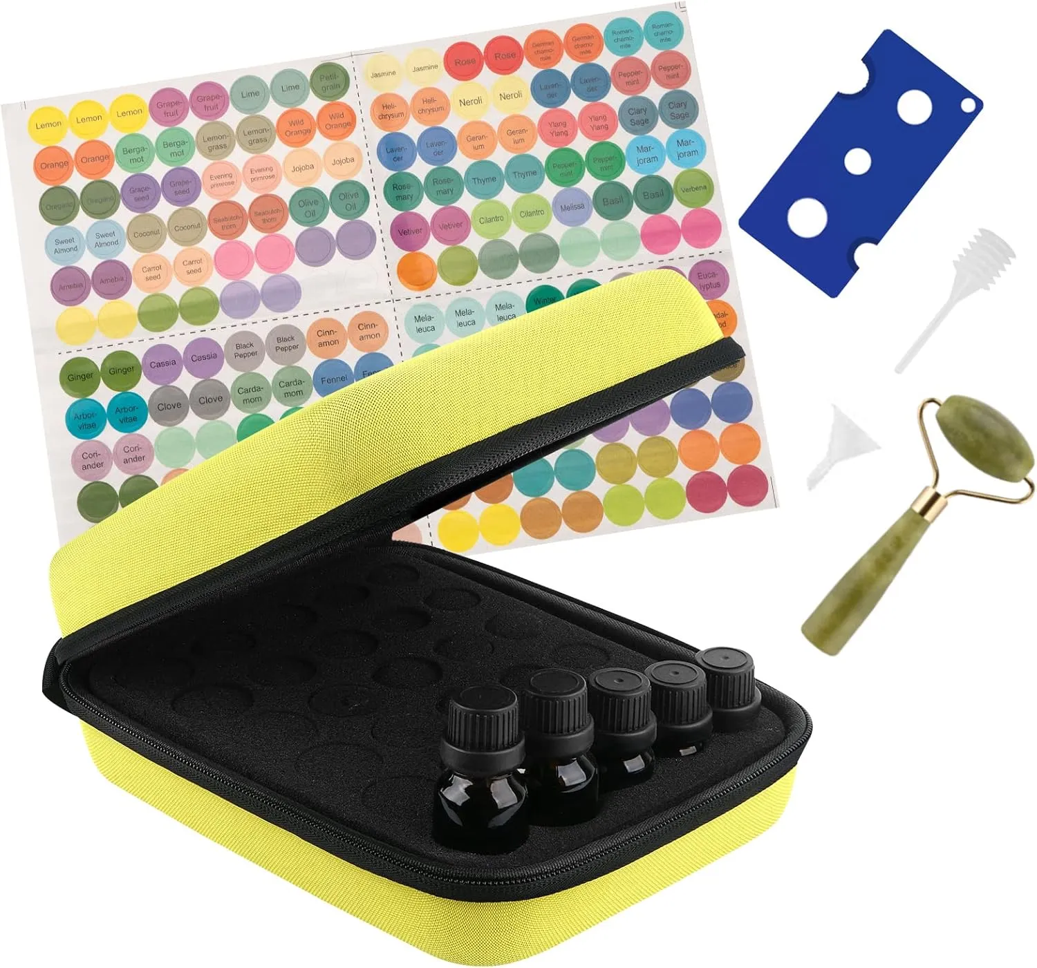 LUEXBOX Essential Oil Storage Case/Essential Oil Carrying Case/Essential Oil Case [Multiple Sizes]   Jade Roller for Face & Oil Opener & Stickers & Funnel & Transfer Pipette (yellow)