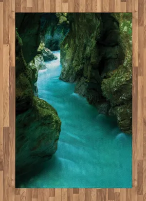 Lunarable Waterfall Area Rug, Tolminka Alpine River Water and Caves Exotic Nature Travel Picture, Flat Woven Accent Rug for Living Room Bedroom Dining Room, 4' X 5' 7", Turquoise Dark Green