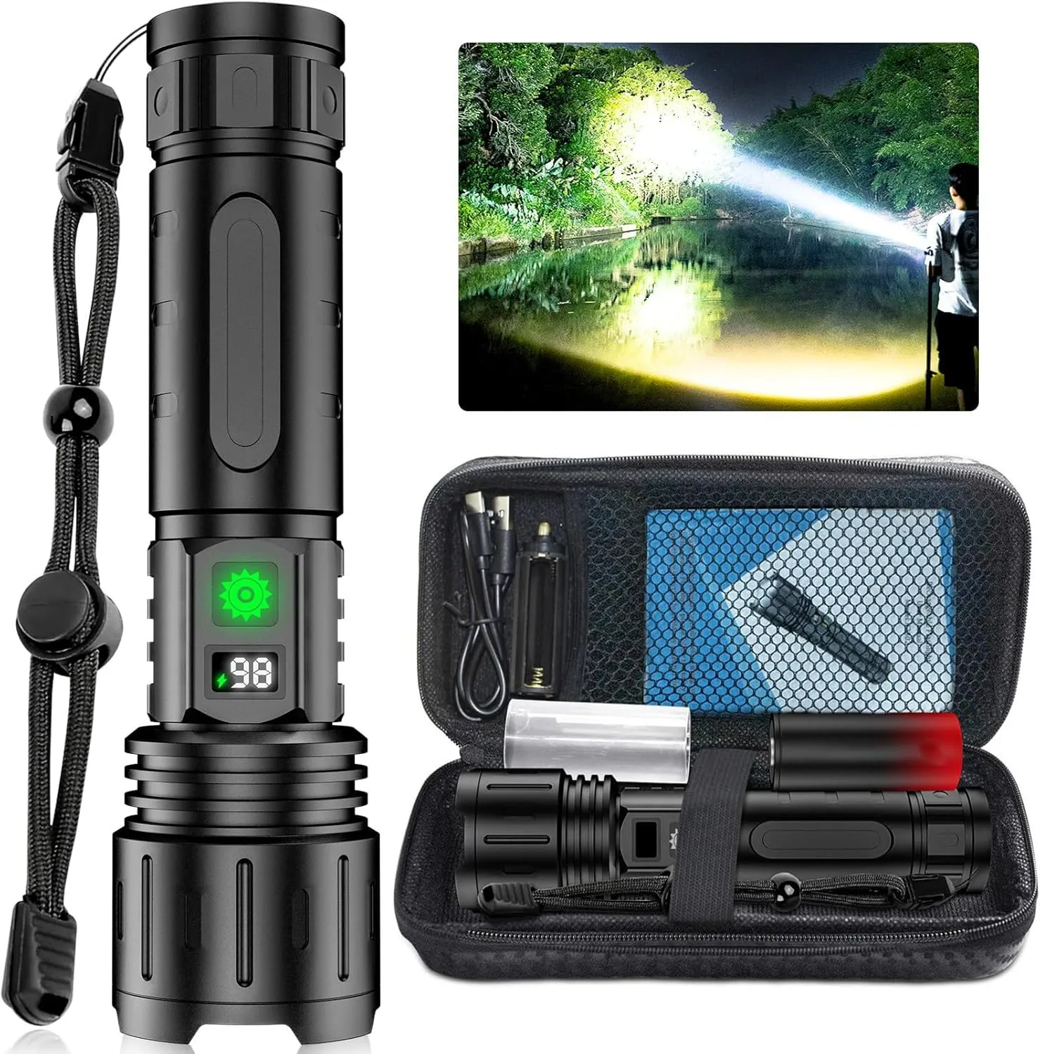Luvique Flash Light, 990000lm Super Bright Survival Flashlight for Every Adventure, Linternas LED Recargables De Alta Potencia, with Power Display & Ipx6 Waterproof for Camping, 5 Modes (1pc)