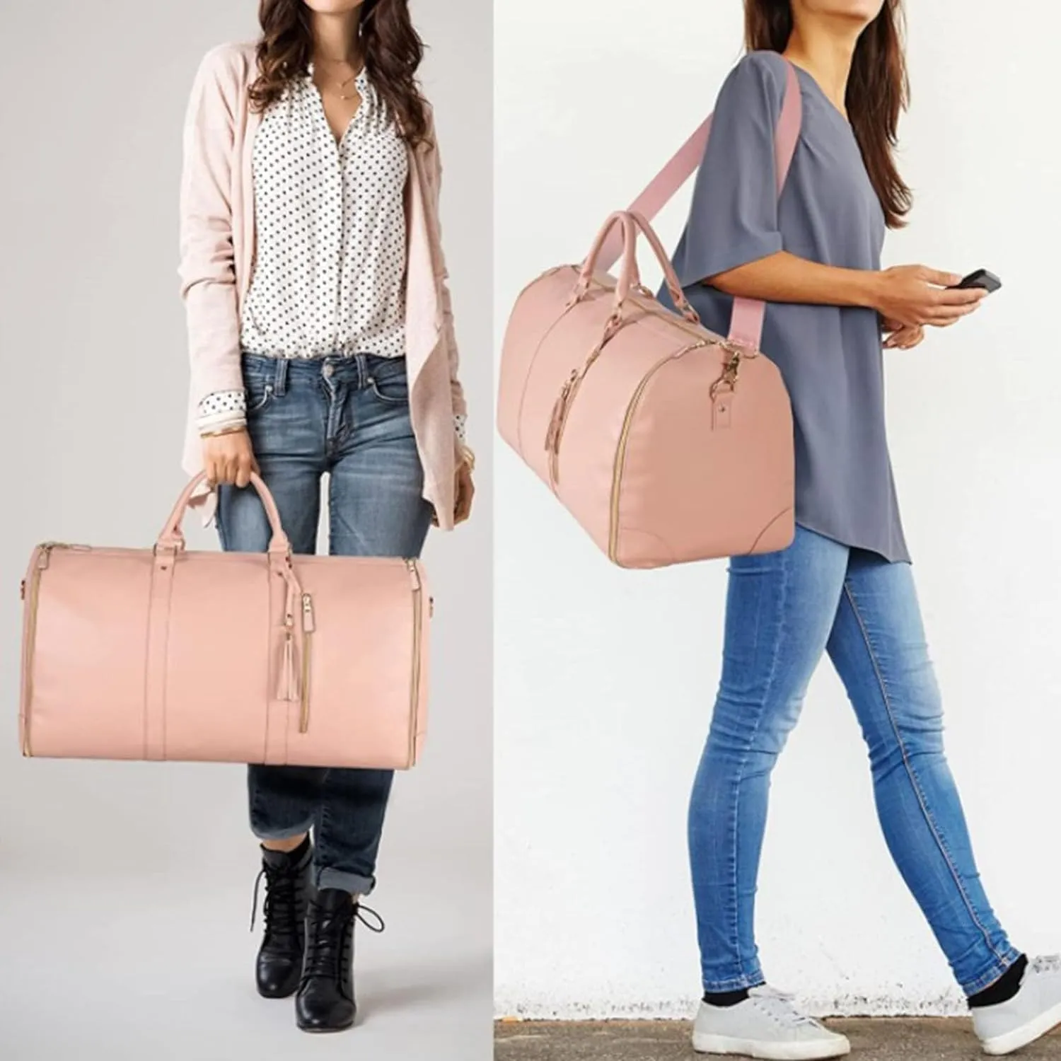Lux Mega Travel Bag Carry On, 2025 Lux Mega Garment Duffle Bag, 2 in 1 Convertible Large PU Leather Waterproof Duffle Bag (Pink)